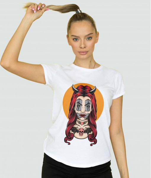 Дамска тениска с щампа Арт Devil girl with clown face - TShirtArtShop.com